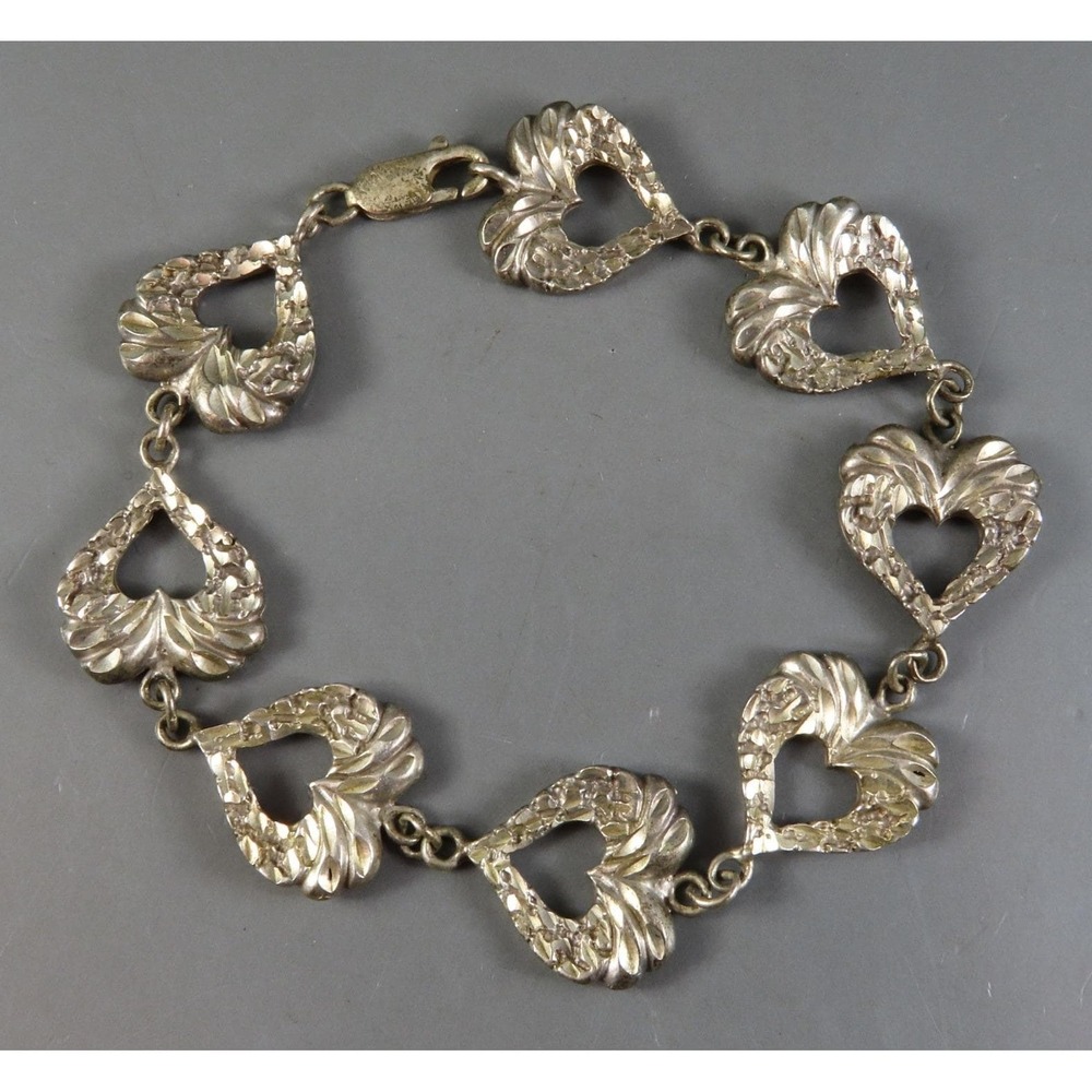 Vtg STERLING SILVER Diamond Cut Open Heart w/Wings Charm Chain BRACELET 7-5/8"